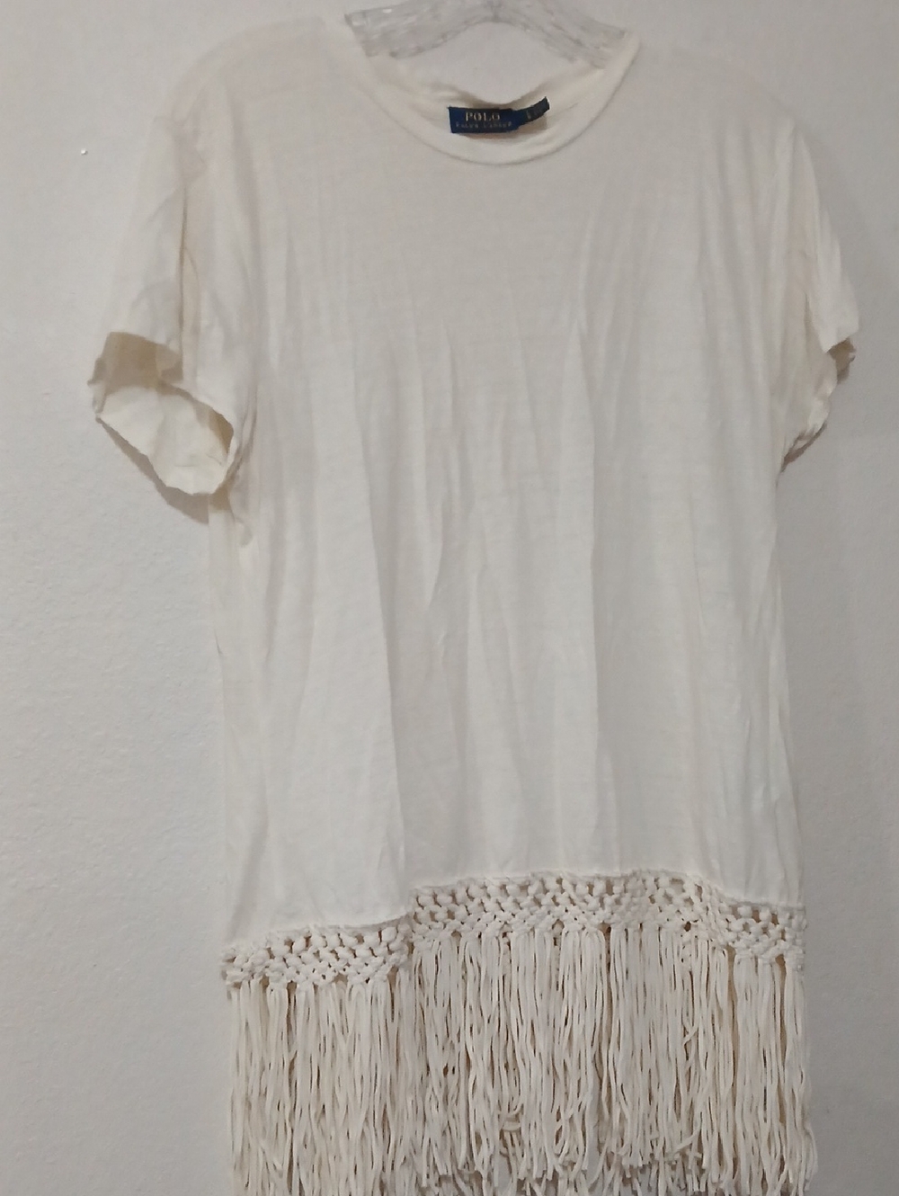 Polo Ralph Lauren Womens Linen Blend Short Sleeve Fringe Bottom Top White Size L